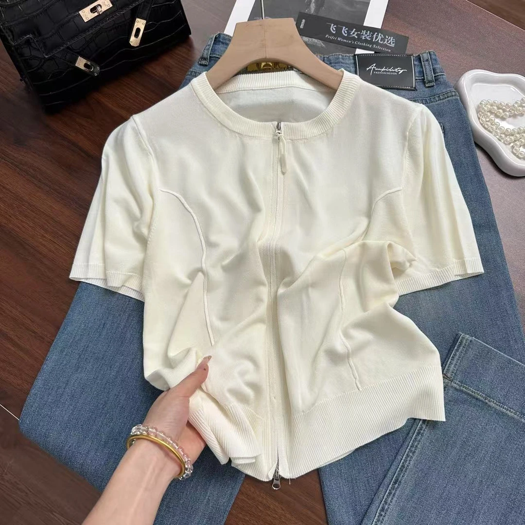 冰冰凉凉很舒服~鱼骨线显瘦设计！带拉链正肩气质针织衫Y7074