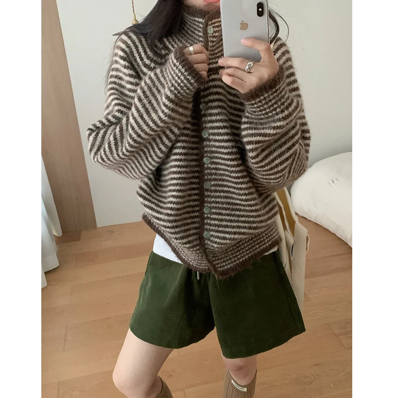 慵懒风条纹针织时尚毛针织衫女早秋新款网红翻领意式宽松百搭上衣