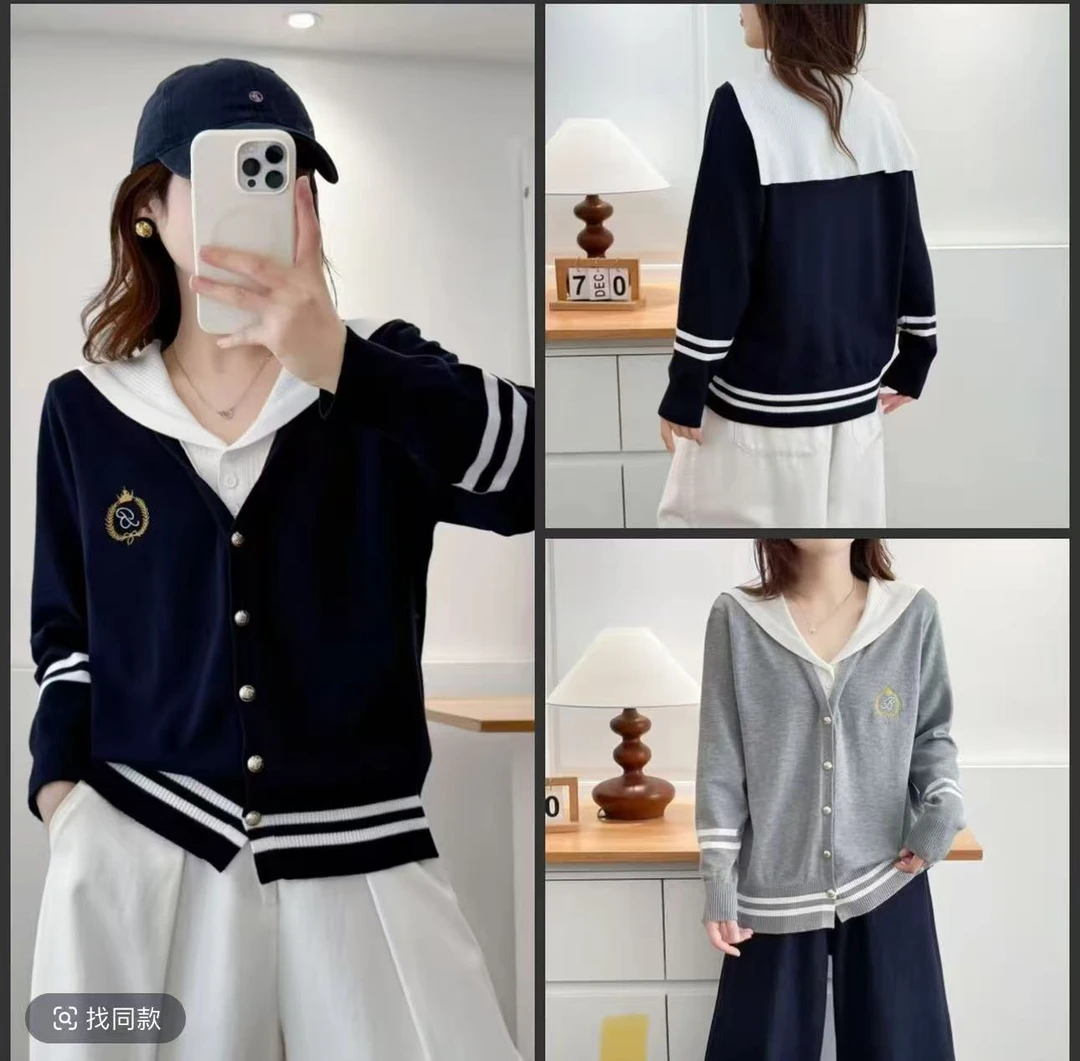 （G681）2025秋季新款大码撞色宽松显瘦针织衫女学院风洋气百搭上衣