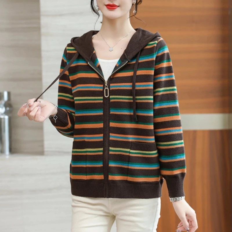 百搭妈妈秋装新款条纹针织开衫连帽宽松大码外搭休闲毛衣外套825
