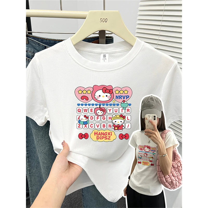 【运补】正肩猫咪键盘印花卡通减龄修身显瘦ins短袖t恤女弹力棉上衣