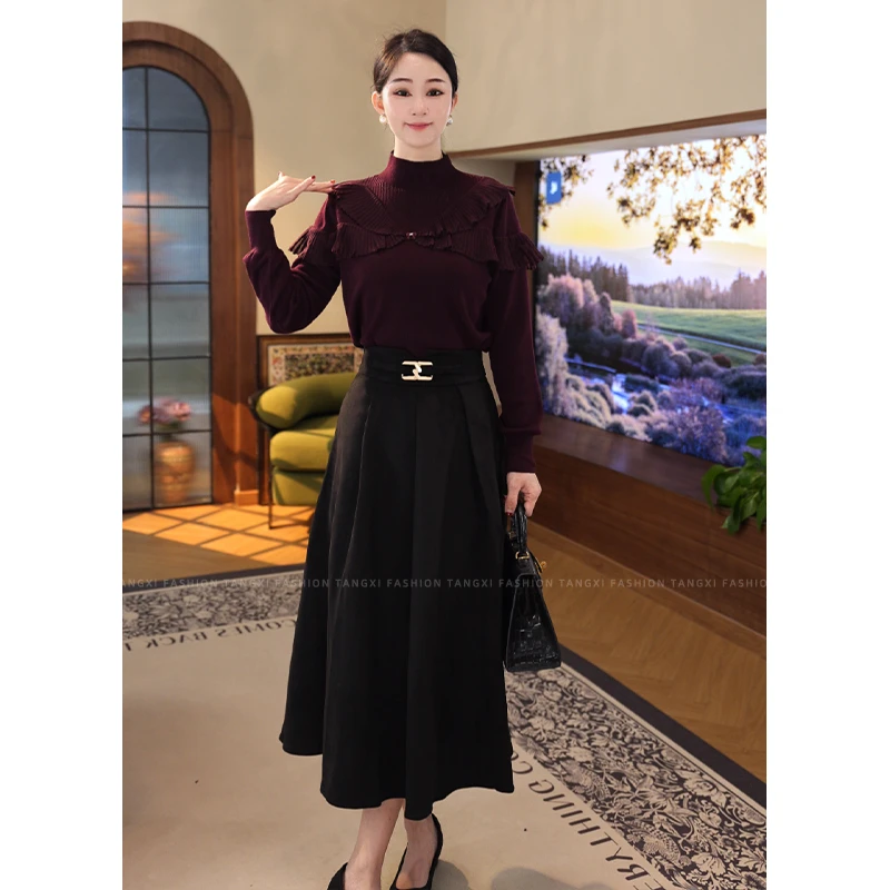 2025秋冬款【L1-05】含绵羊毛拼接设计打底针织衫紫红色爆款毛衣女