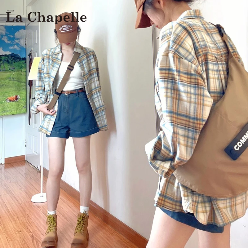 拉夏贝尔复古格子大码长袖衬衫女款2025新款宽松显瘦港风外套上衣