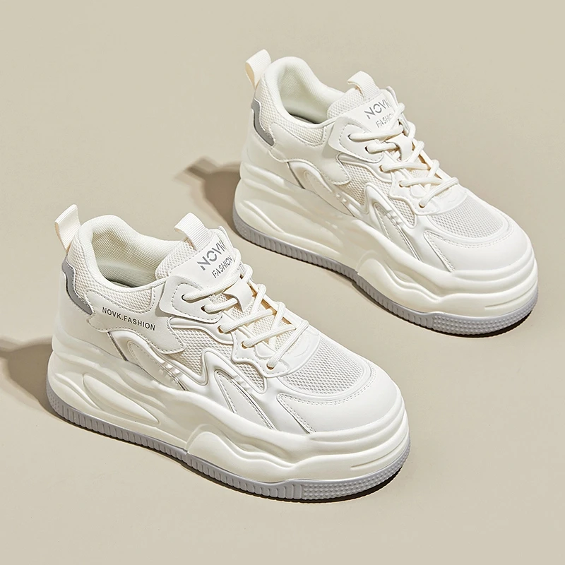 万达撤柜真皮增高8CM秋季网面小白鞋厚底松糕板鞋透气显瘦网鞋女.