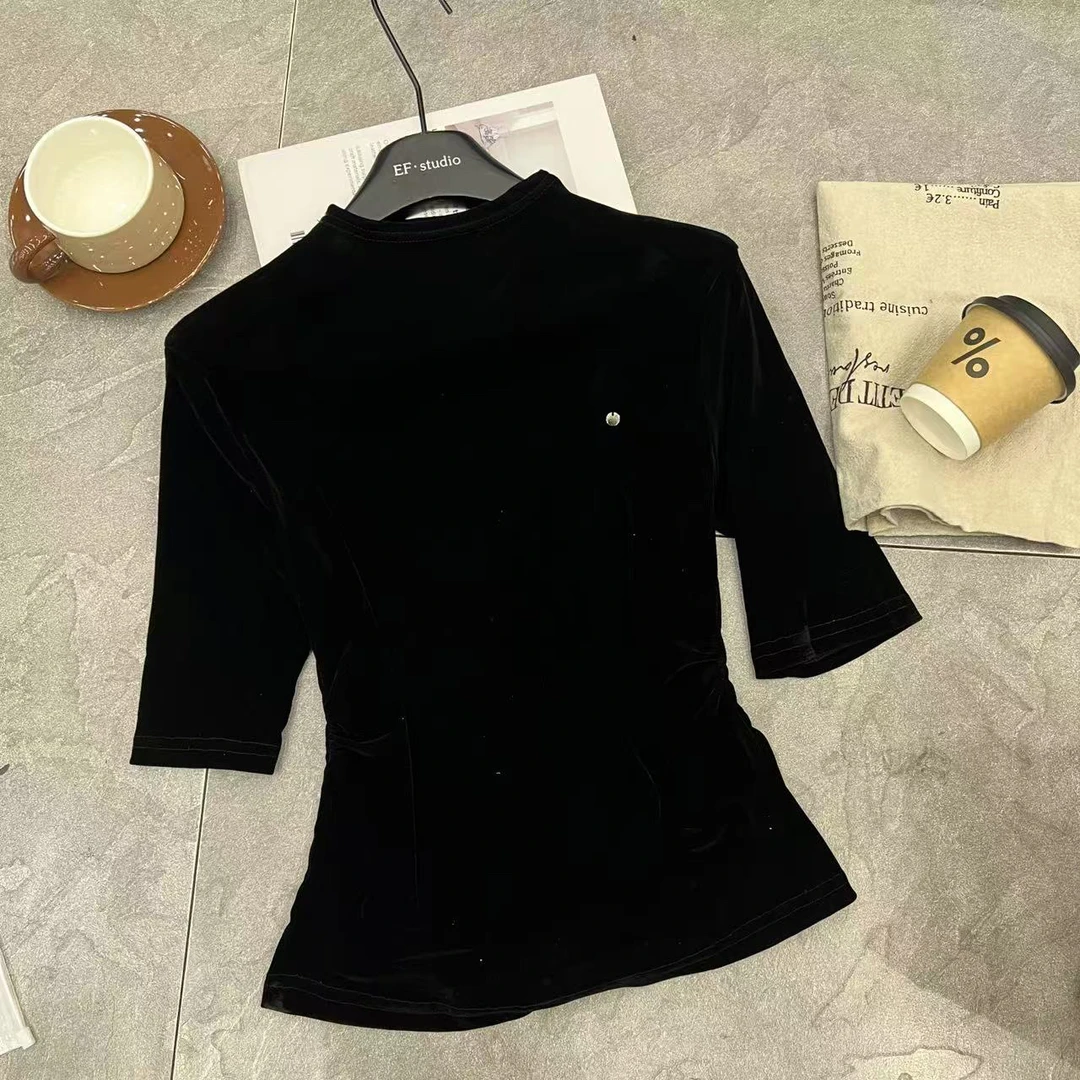 V家 5297欧货圆领丝绒显瘦T恤