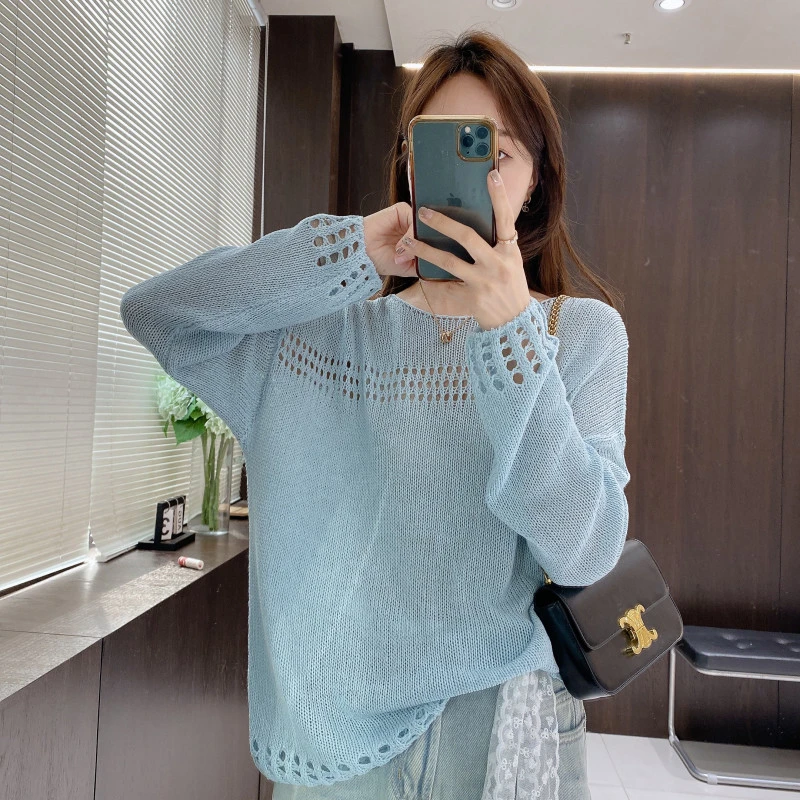 IMFLY金小金自制女装 针织衫DYW8732欧若风春装宽松镂空圆领毛衣