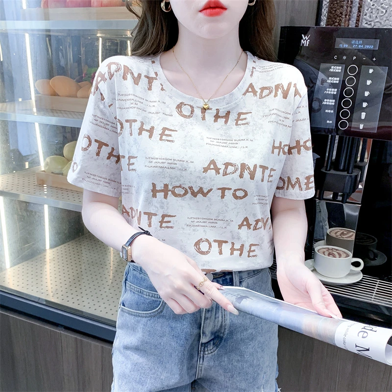 时尚字母印花短袖t恤女夏季新款宽松显瘦体恤衫洋气圆领白色上衣