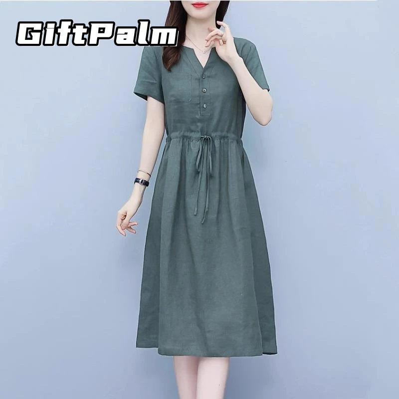 GiftPalm亚麻连衣裙洋气减龄夏季高端收腰显瘦棉麻中长款短袖裙子