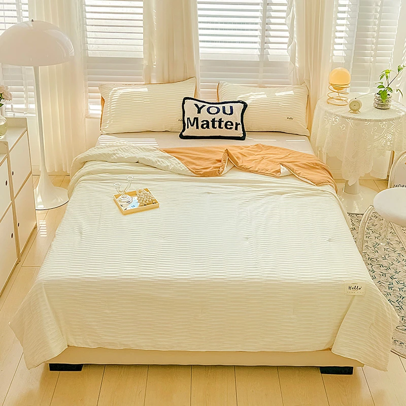 新款韩版泡泡纱水洗拼色床单夏被四件套学生机洗丝滑凉感