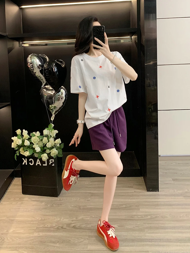 韩版ins圆领美式休闲夏季情侣短袖休闲设计感小个子网红两件套
