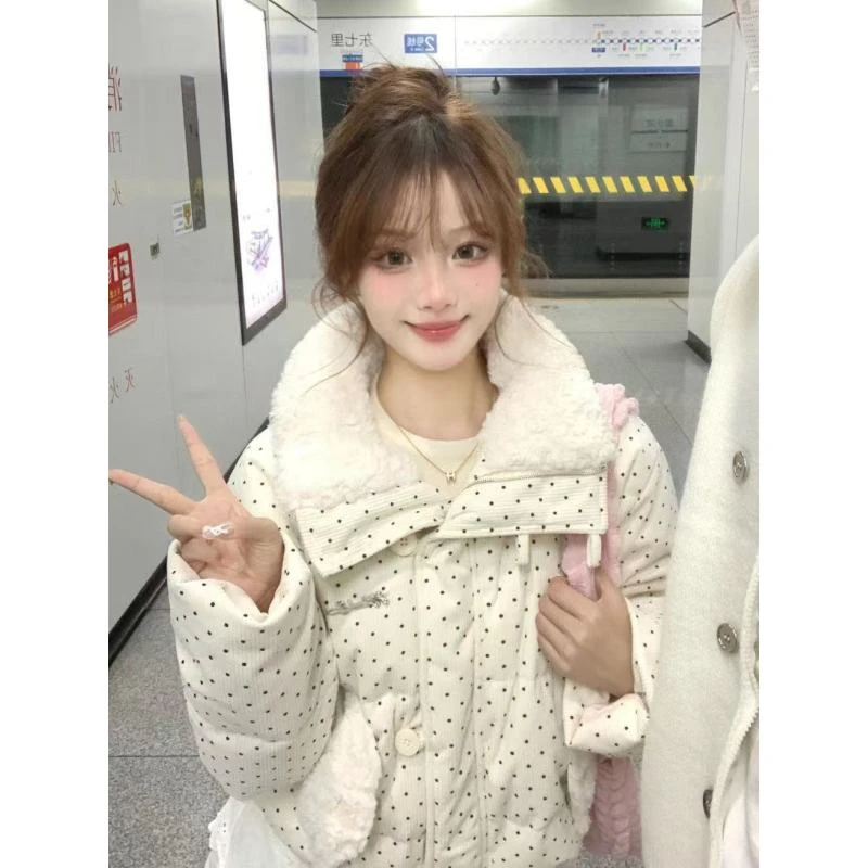 2024冬季新款韩系波点撞色翻领棉服外套女保暖设计感短款面包服潮
