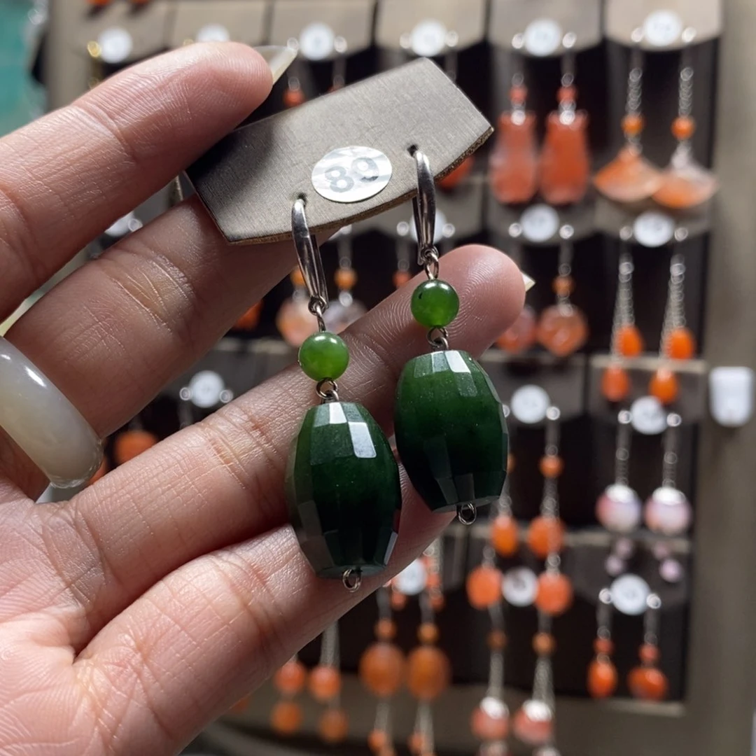 和田玉耳饰银S925镶嵌富**丹