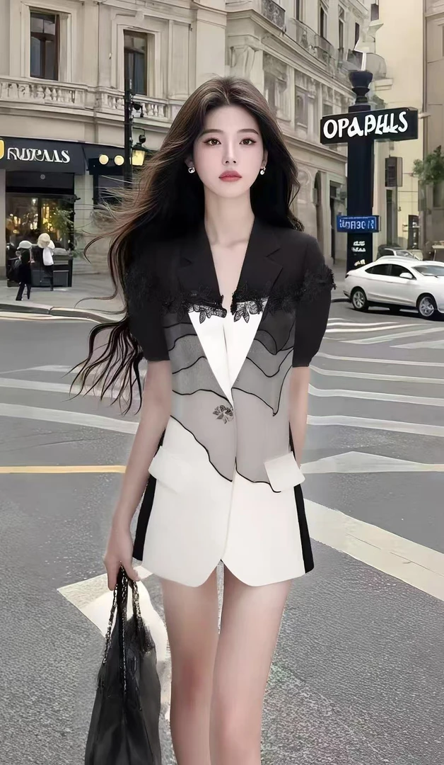 新款时尚撞色V领短袖别致设计感修身连衣裙温柔知性风氛围感穿搭