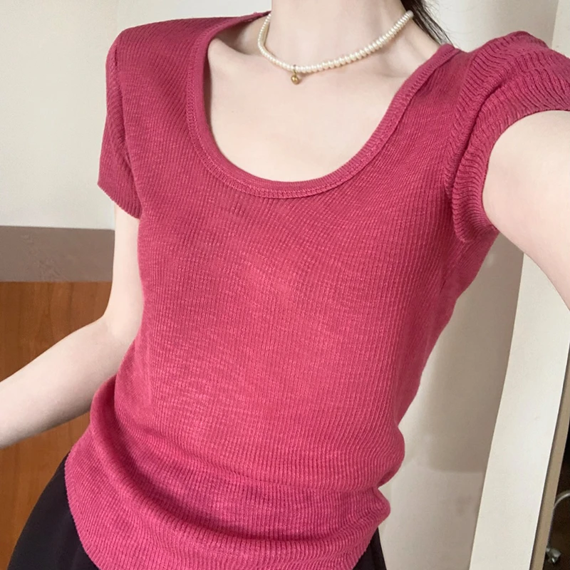 简约风U领冰麻短袖2025春季新款韩版修身显瘦休闲减龄上衣T恤女装