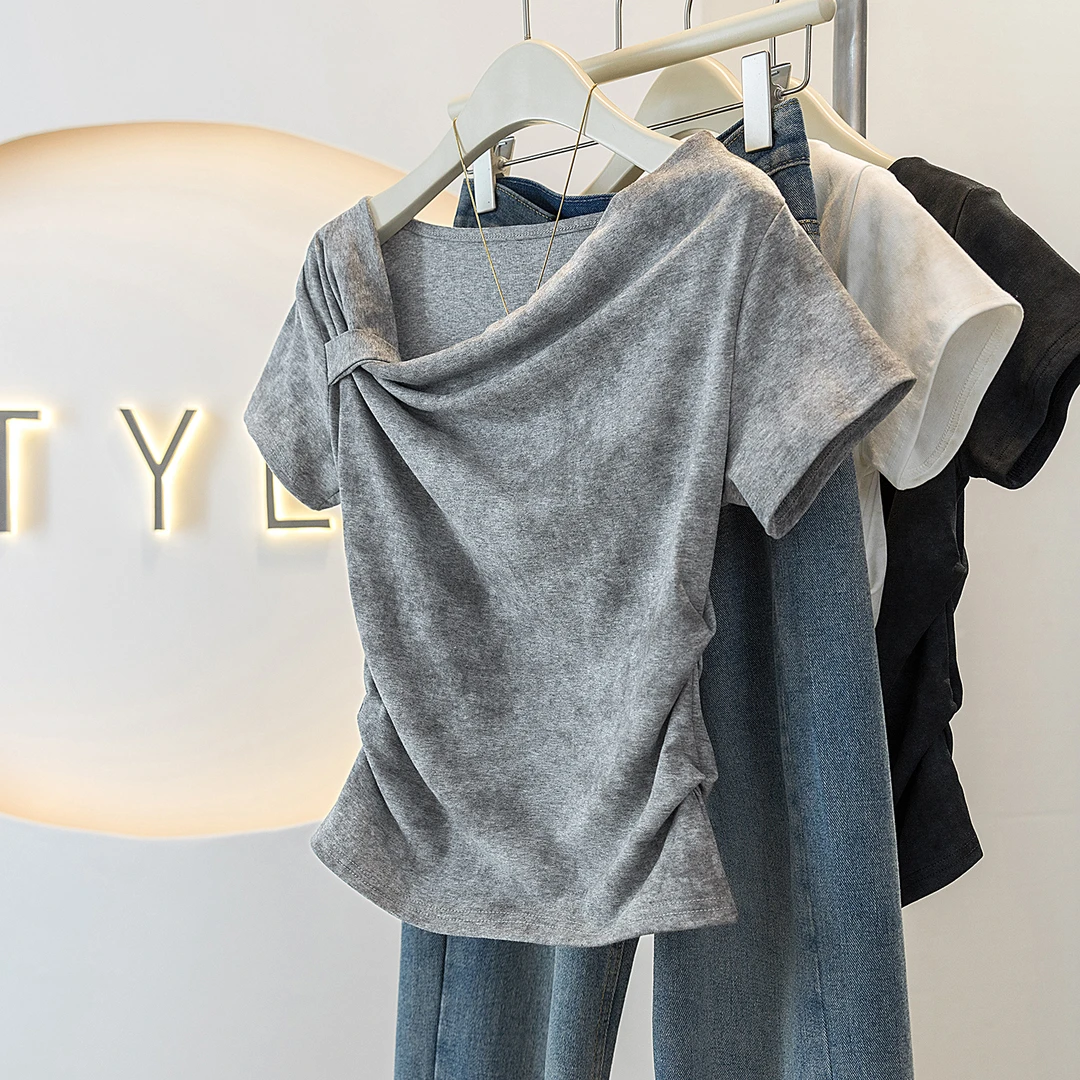 yoewshean/羽媗夏季微胖mm大码女装扎染不规则正肩显瘦短袖t恤ins