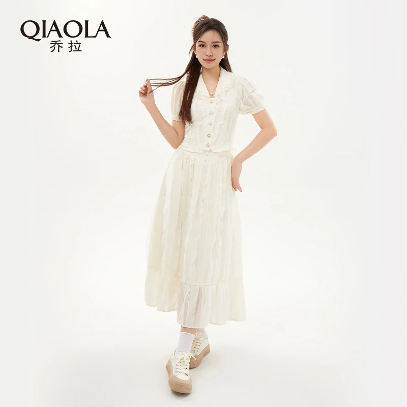QIAOLA/乔拉【流云百合】夏季木耳边显瘦减龄时尚气质短袖套装