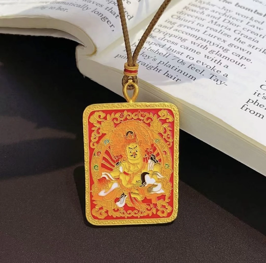 合金吊坠 古法珐琅彩黄财神唐卡吊坠新中式国风黄财神方牌挂坠