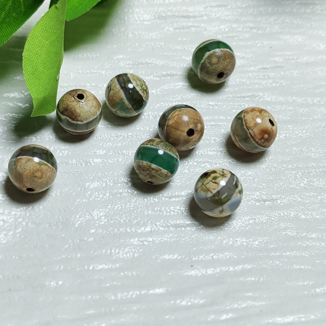 仿古10毫米左右玛瑙一线蚀花镶蚀工艺条纹玛瑙小对珠简约时尚