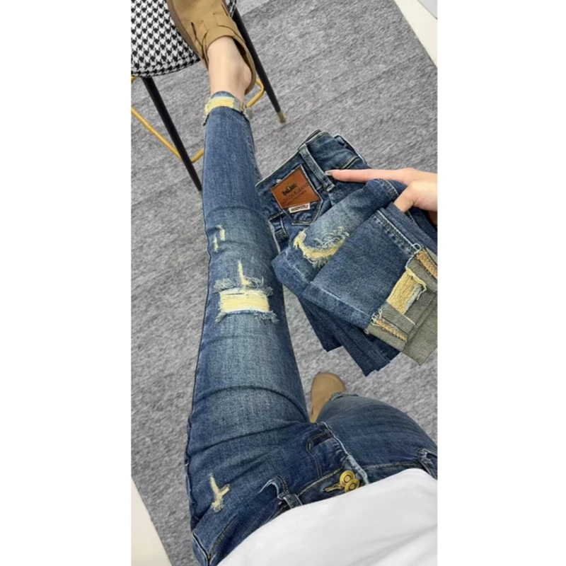 2025秋季新款大码高腰假破洞小脚牛仔裤女小个子弹力显瘦铅笔裤