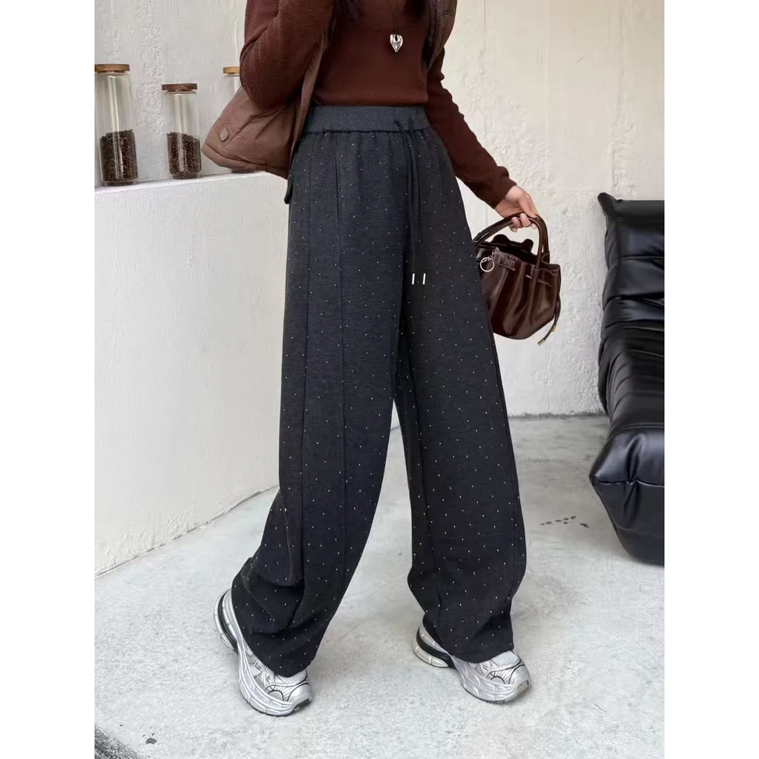 【岳姐姐】冬季慵懒风设计重工加绒高腰抽绳休闲百搭直筒裤25169