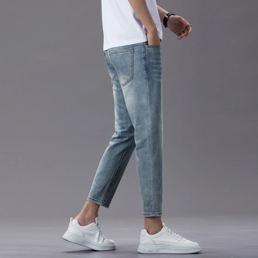 八分裤夏季薄款天青蓝修身小脚裤小个子男士牛仔裤高弹力显高显瘦