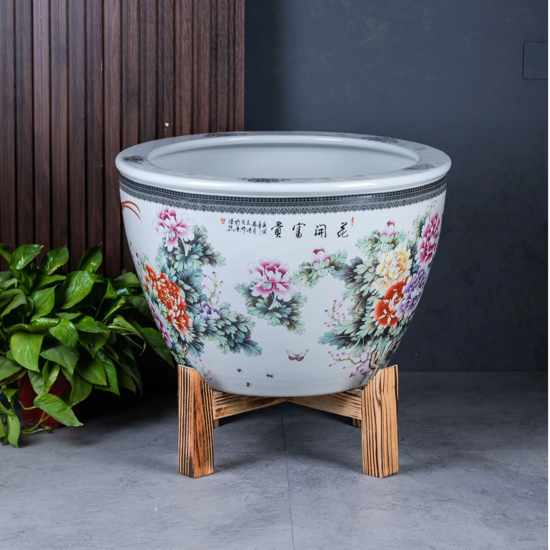 景德镇陶瓷鱼缸门海 花开富贵