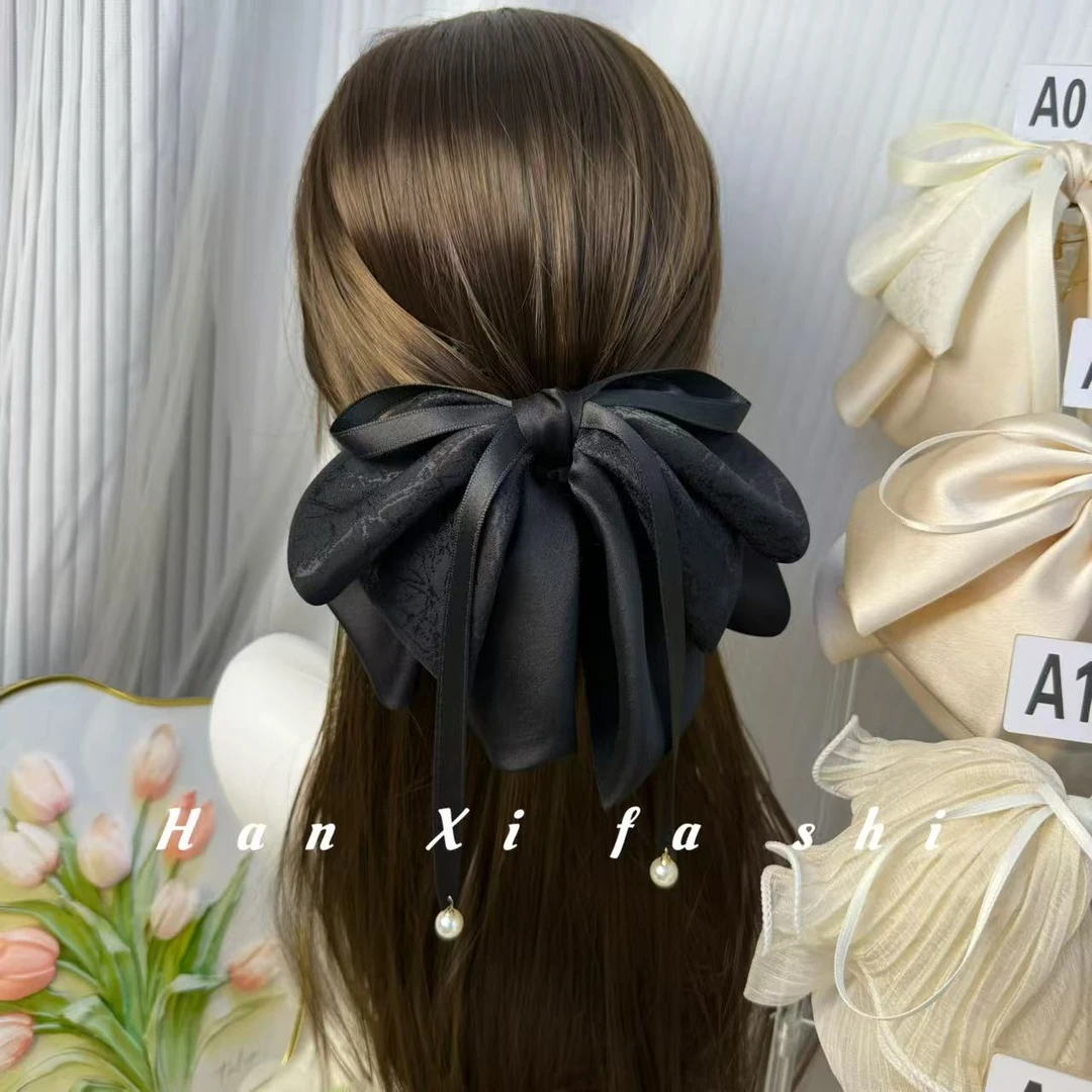 国风时尚缎面印花飘带蝴蝶结抓夹高级感气质马尾鲨鱼夹显发量发夹