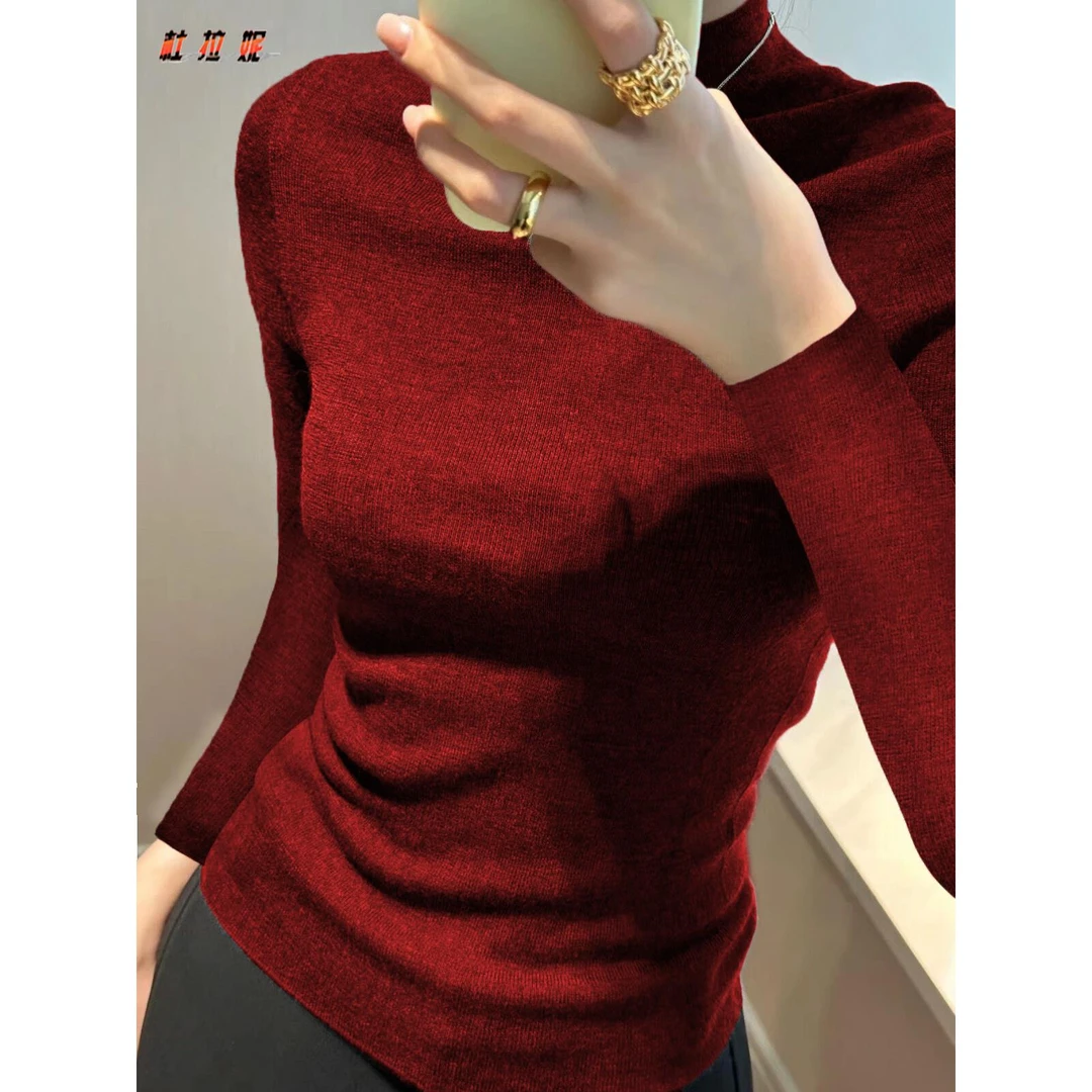 杜拉妮半高领深灰色打底衫女2025初秋新款软糯针织衫紧身内搭毛衣