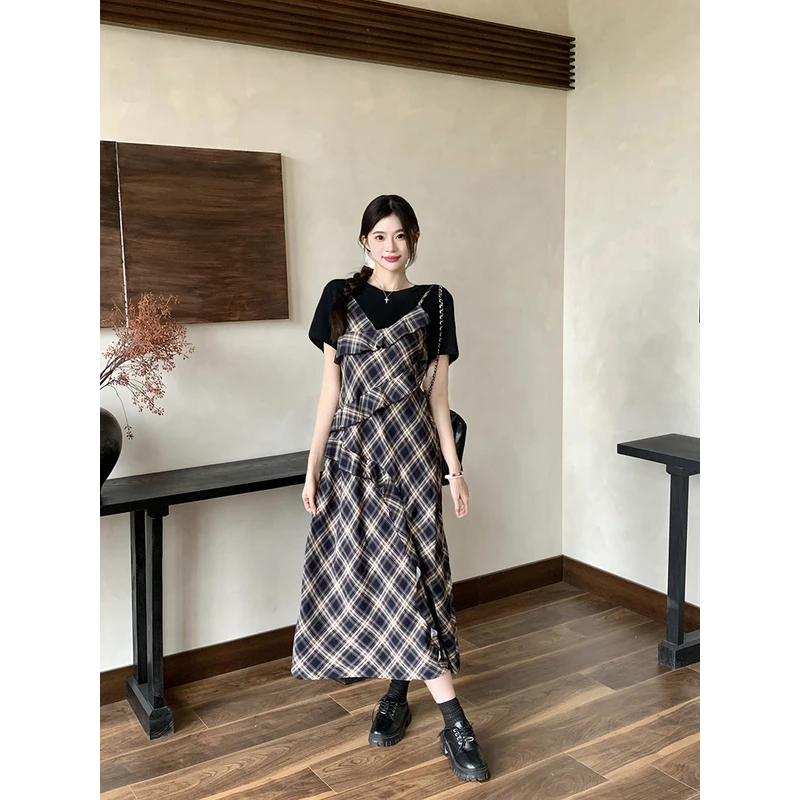 2025夏装新胖mm大码拼接假两件格子荷叶边连衣裙酷飒风女装高级感