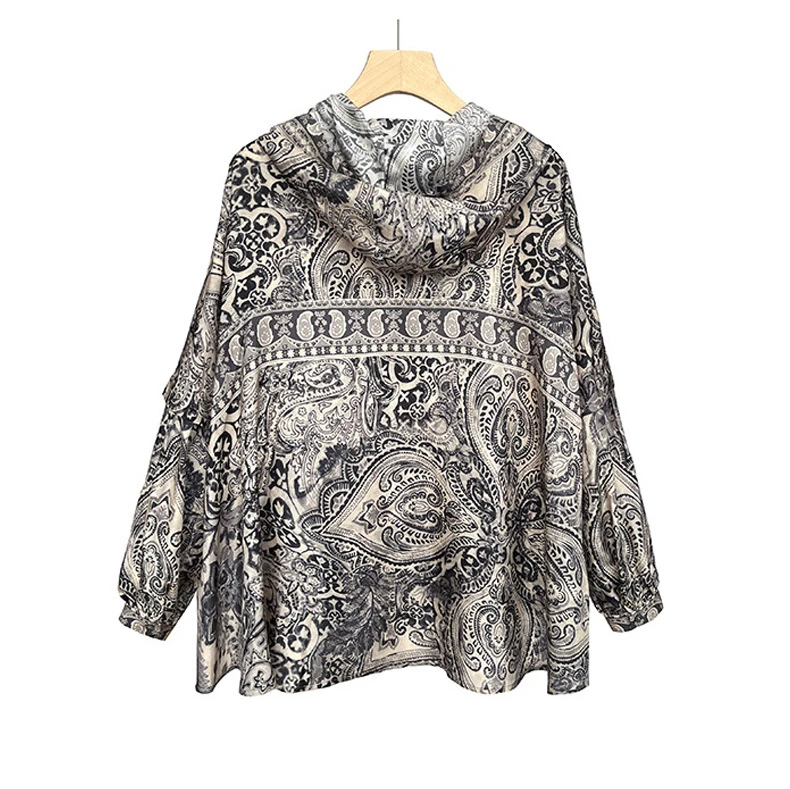 2025夏100%桑蚕丝电力纺新款外贸单爆款连帽休闲印花桑蚕丝卫衣女