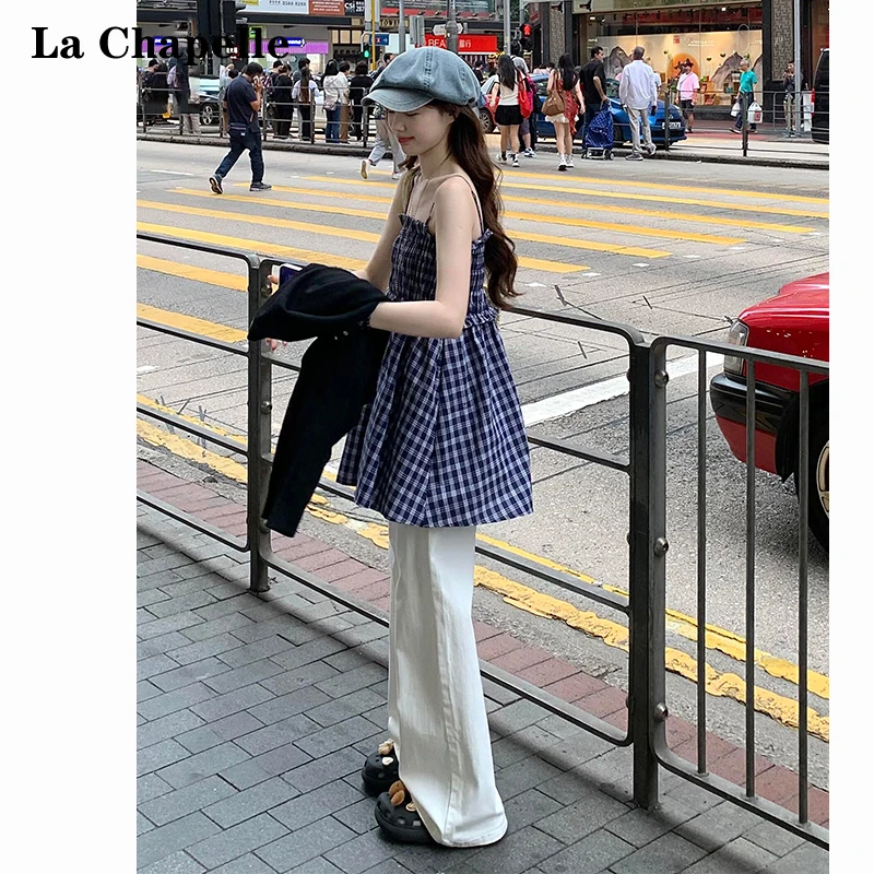 拉夏贝尔法式蓝色格子抹胸背心裙女2025夏季新款两穿a字半身裙