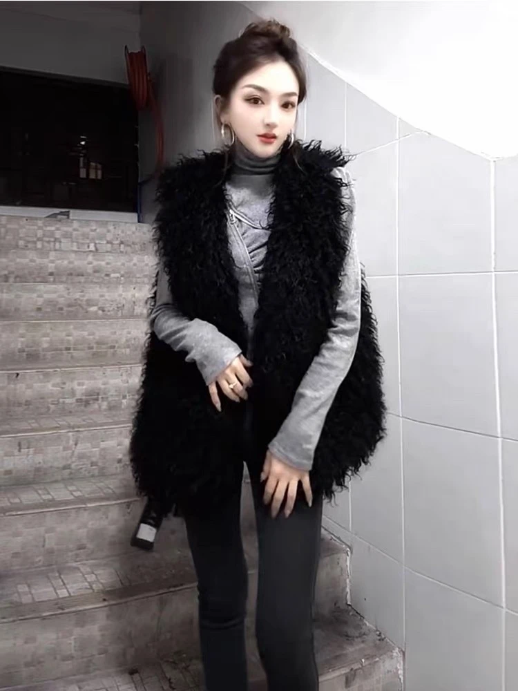 皮草马甲女年轻中长款外穿坎肩羊卷毛背心保暖显瘦环保毛毛马甲