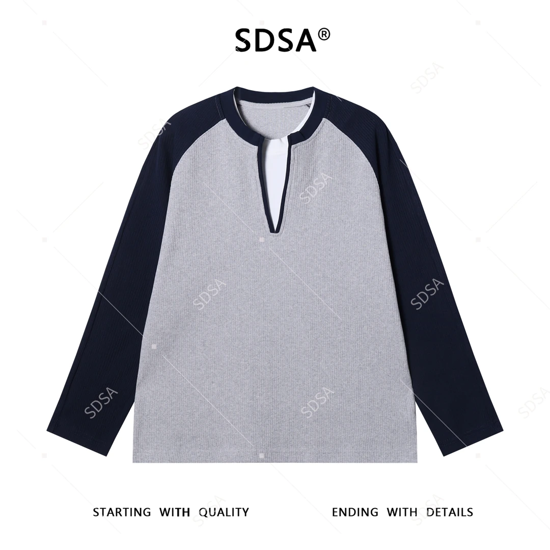 SDSA男士秋冬新款痞帅男装韩版拼色竖纹假两件长袖T恤百搭网红款