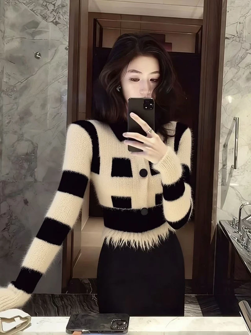 SS5713新款设计条纹开衫宽松针织毛衣长袖外套针织衫短款上衣女