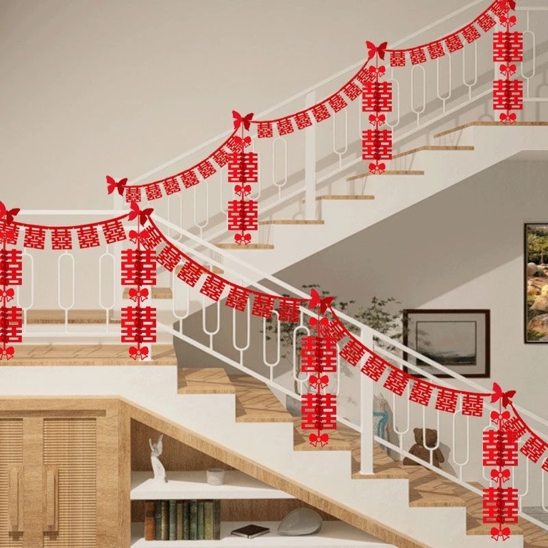 新款楼梯扶手装饰喜字拉花结婚用品婚房布置套装男方女方婚礼挂饰