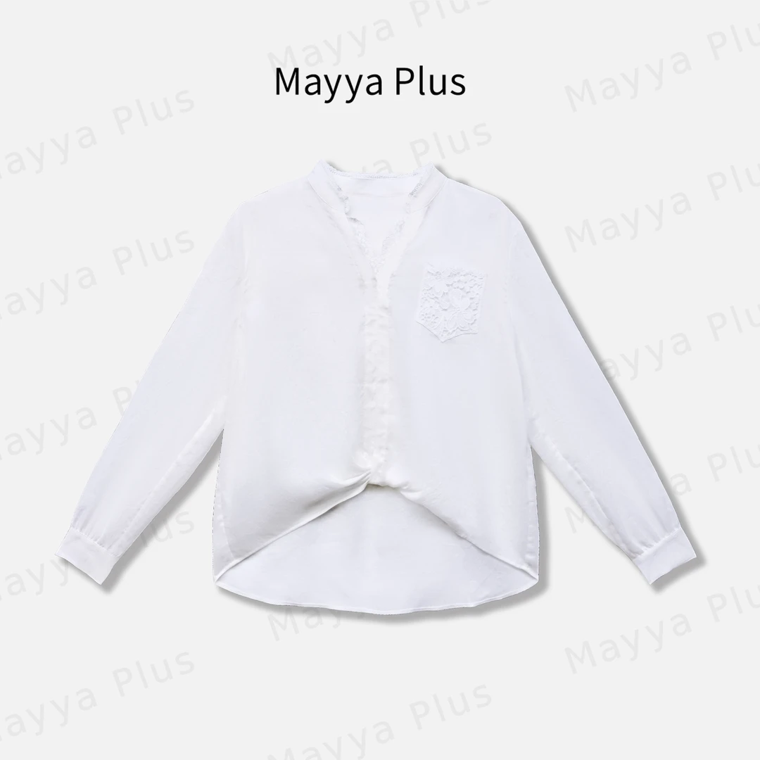 【乐薇】Mayya Plus麦芽定制轻奢蕾丝花边V领长袖衬衫上衣32536207