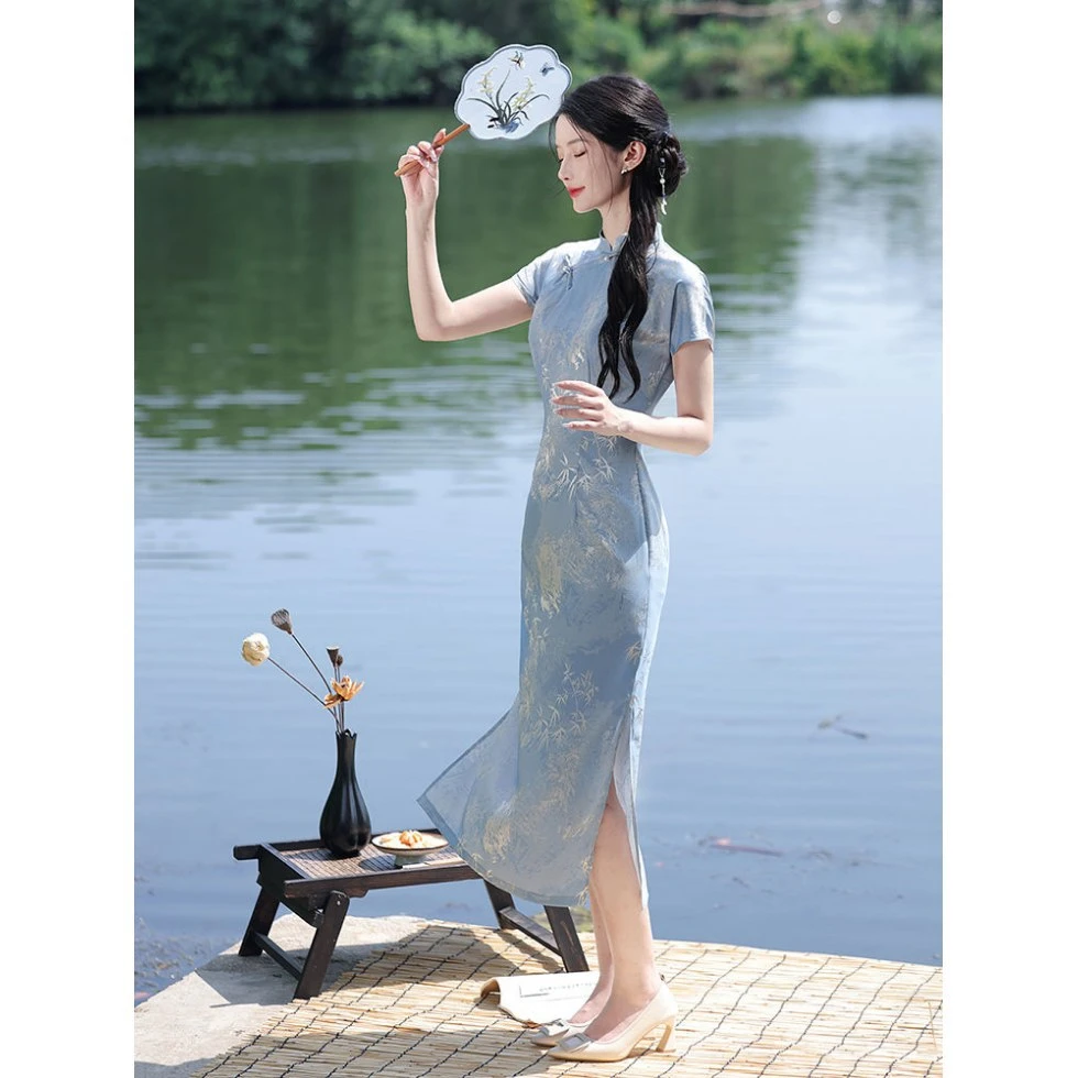 绝美改良国风旗袍夏季2025新款少女夏年轻款蓝色连衣裙新中式优雅