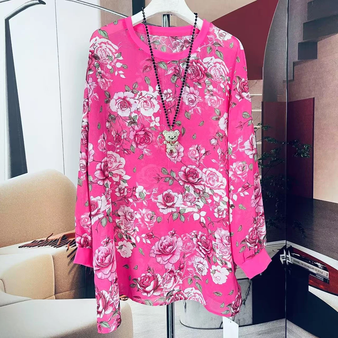 红玫瑰丝麻圆领长袖大码2025新款韩版宽松女装显瘦时尚休闲百搭