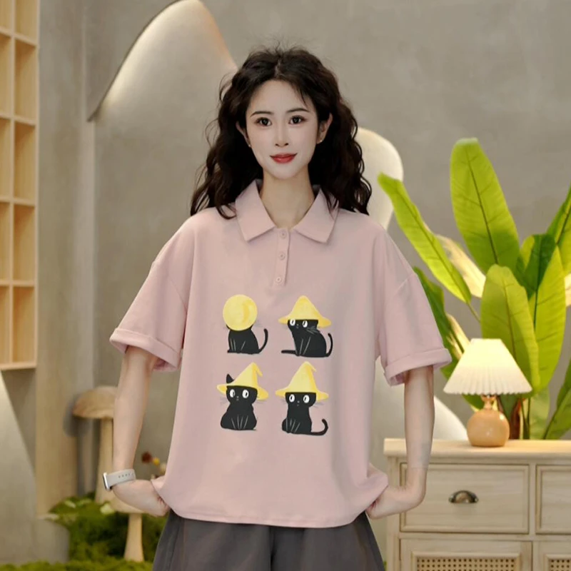 6708 夏季新款魔法帽猫印花T恤休闲百搭宽松翻领短袖上衣
