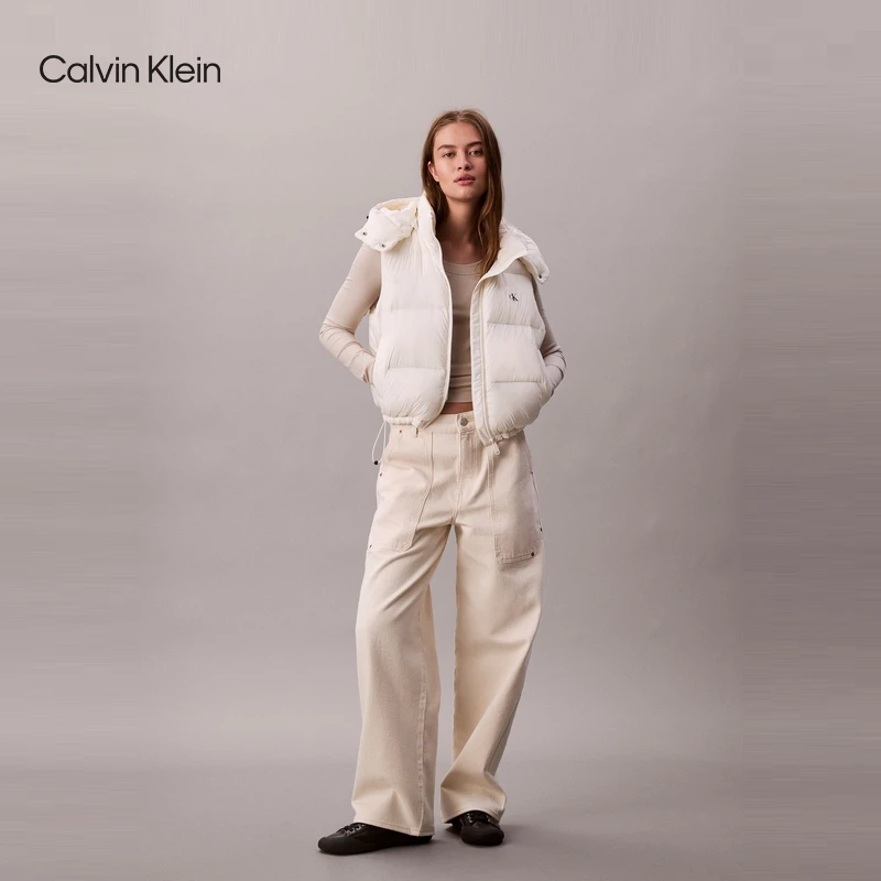 CK Jeans25秋季新款女士休闲通勤印花鸭绒连帽羽绒背心
