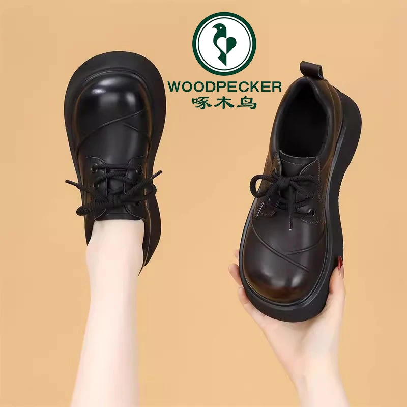 啄木鸟乐福小皮鞋女2025年春季新款时尚厚底增高英伦软底系带单鞋