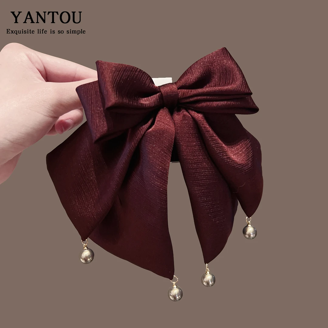 新款酒红色蝴蝶结头饰发夹后脑勺夹子高级感气质马尾夹头饰发卡