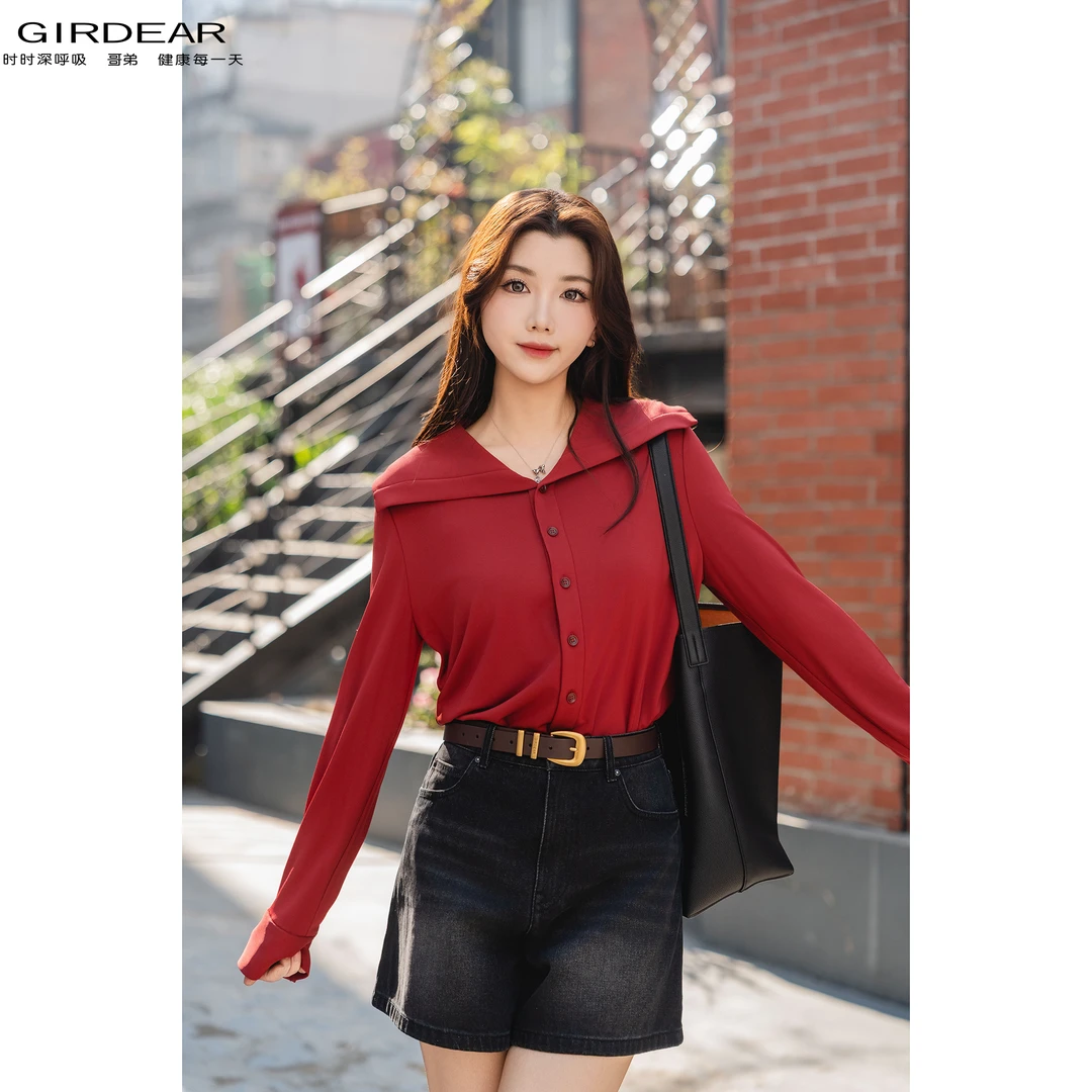 GIRDEAR/哥弟早春新款气质通勤安可拉红长袖单排扣纯色衬衫130003