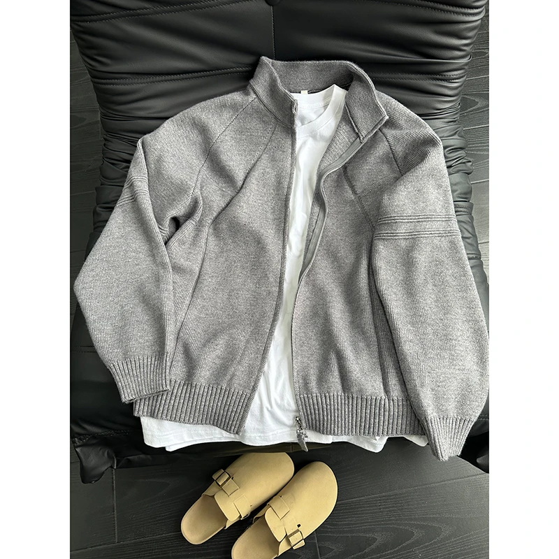 灰色cleanfit针织外套男秋季慵懒风开衫毛衣痞帅双拉链立领针织衫
