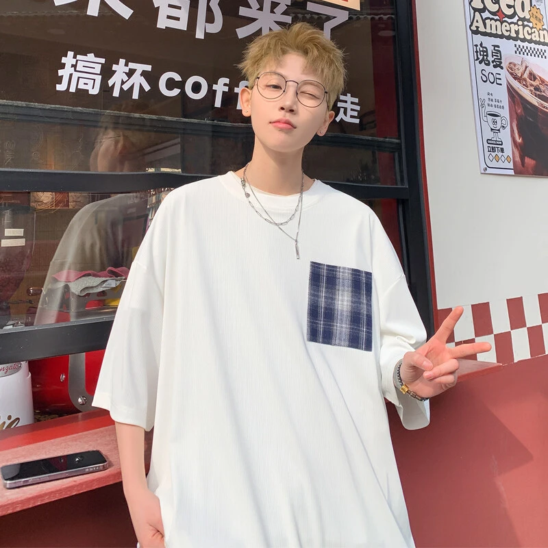 更凡夏季格纹拼接短袖T恤男夏季宽松潮流美式复古高街五分袖上衣T