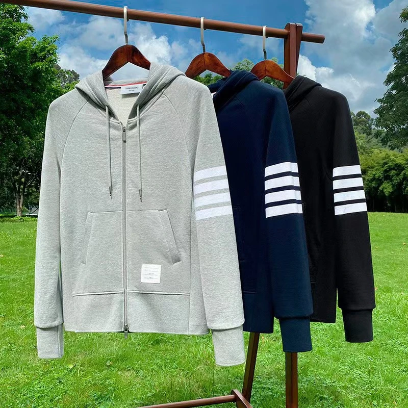 春秋款全棉色织四条杠潮牌TB拉链开衫连帽卫衣男女情侣款休闲外套