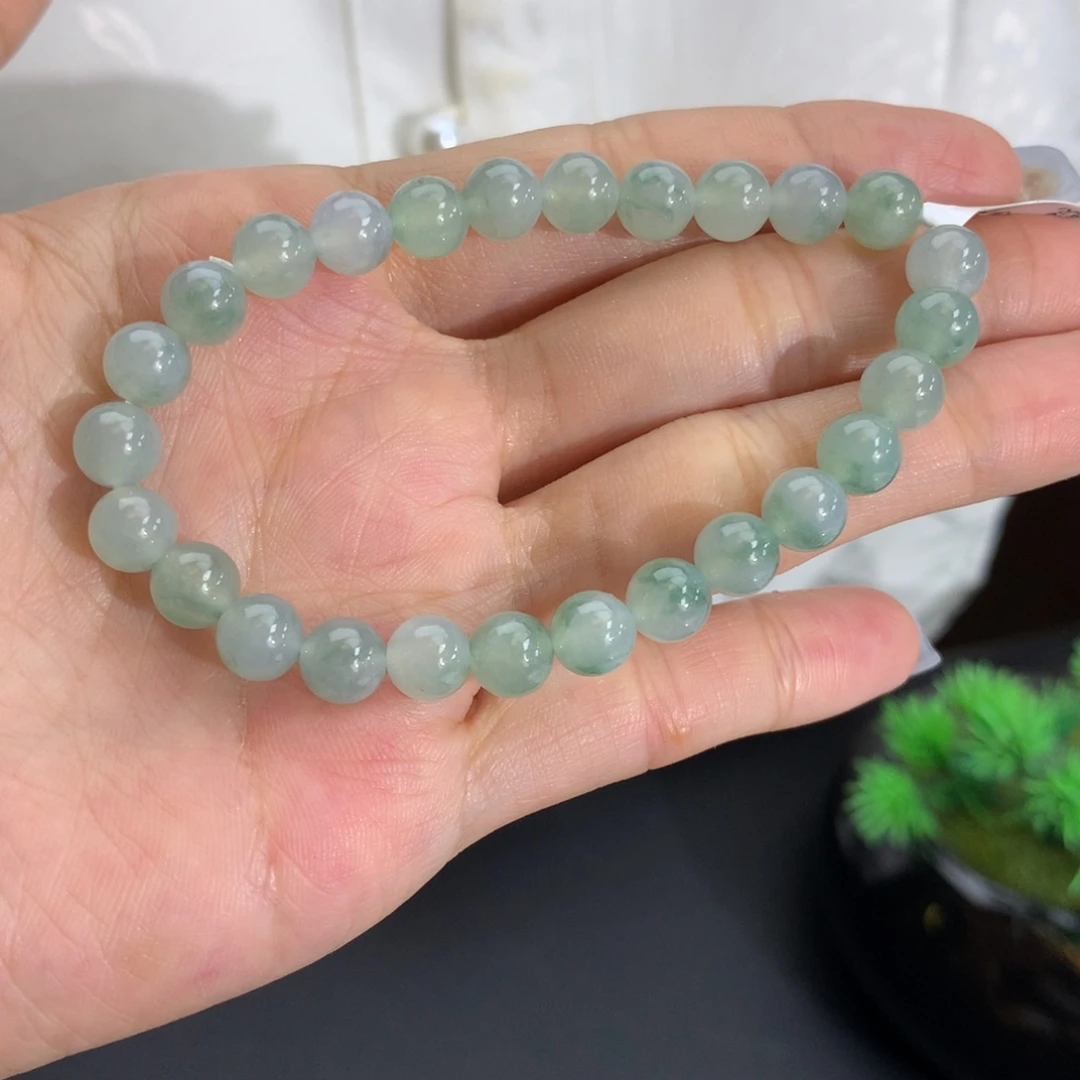 翡翠未镶嵌手串卡6.7冰胶晴飘绿花手串