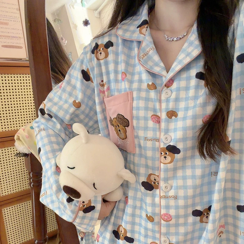 蓝色曲奇小狗睡衣女秋冬季德绒长袖长裤少女心加厚保暖家居服套装