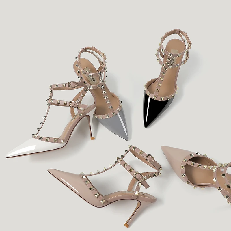 铆钉高跟鞋女2025春夏新款尖头细跟大象灰柳丁不累脚凉鞋性感单鞋