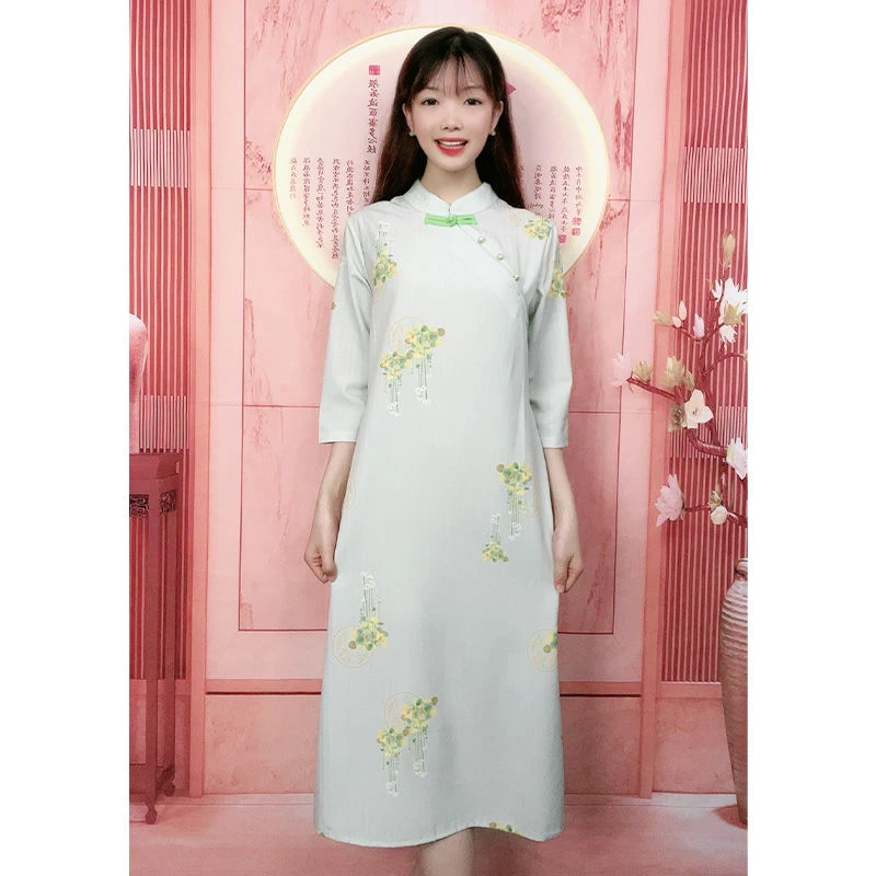6939#[黄色风铃]文艺复古夏季显瘦日常印花中长款立领古风旗袍